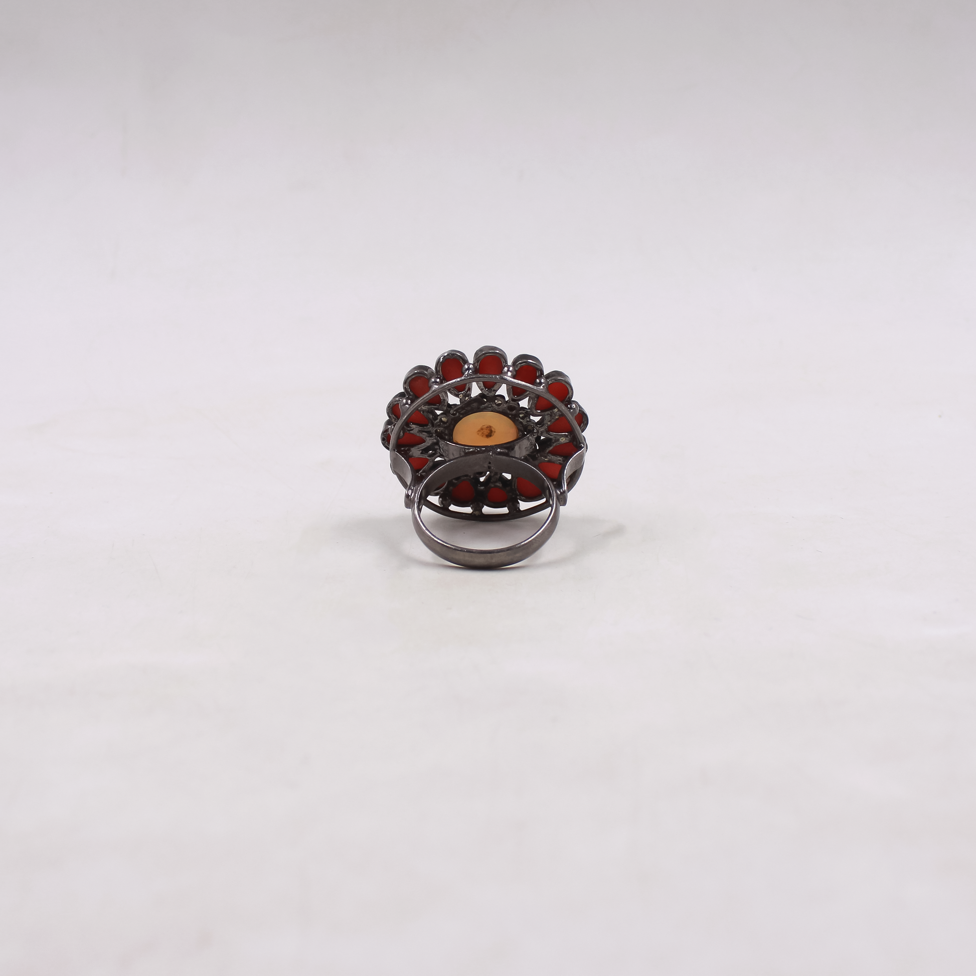 Elegant handcrafted ring with Ethiopian Opal and Red Coral gemstones