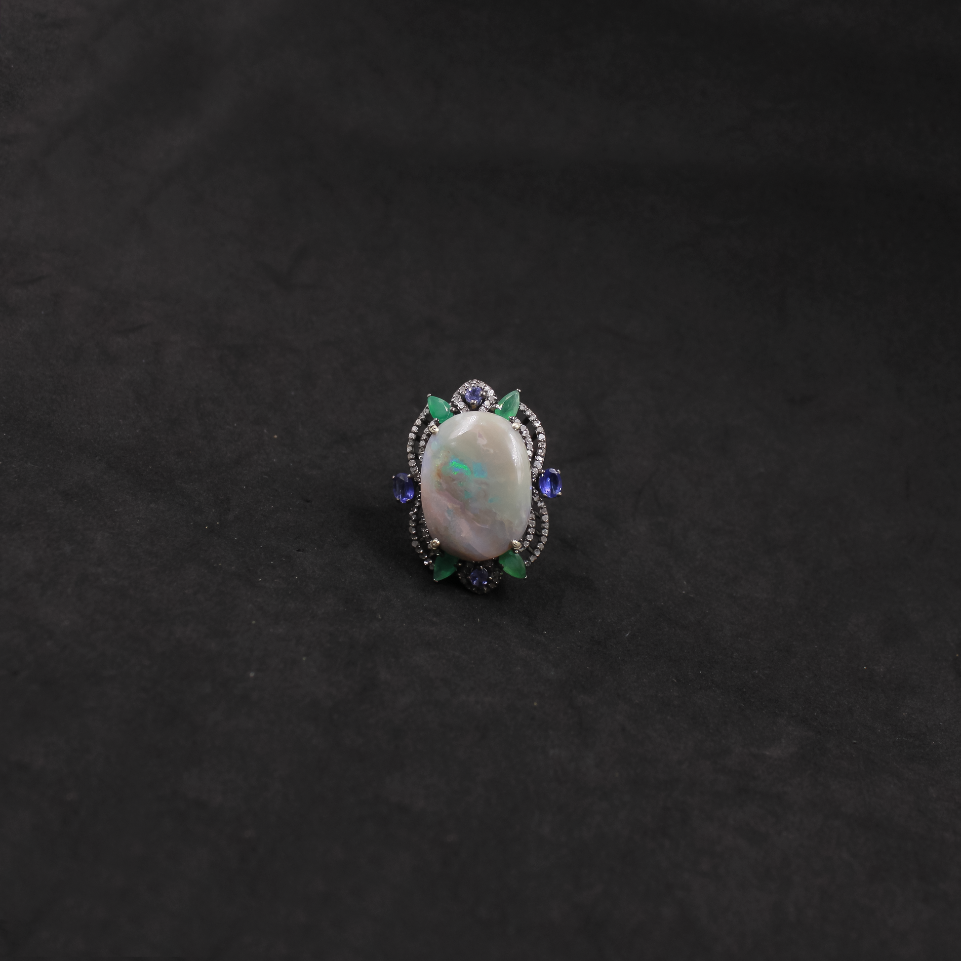 Luxury Australian Opal, Emerald & Kyanite Ring With Pave Diamonds In 925 Sterling Silver
