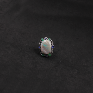 Luxury Australian Opal, Emerald & Kyanite Ring With Pave Diamonds In 925 Sterling Silver
