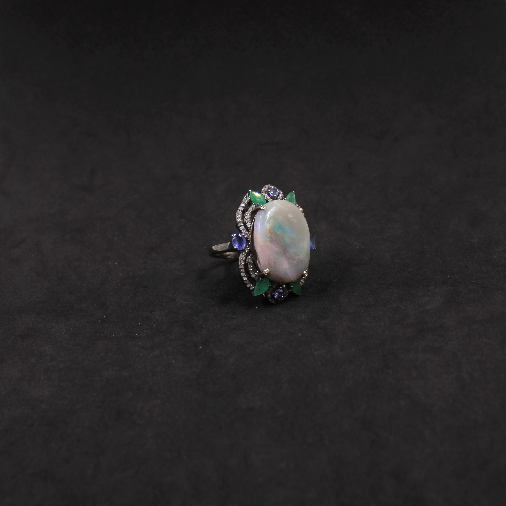 Luxury Australian Opal, Emerald & Kyanite Ring With Pave Diamonds In 925 Sterling Silver