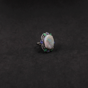 Luxury Australian Opal, Emerald & Kyanite Ring With Pave Diamonds In 925 Sterling Silver