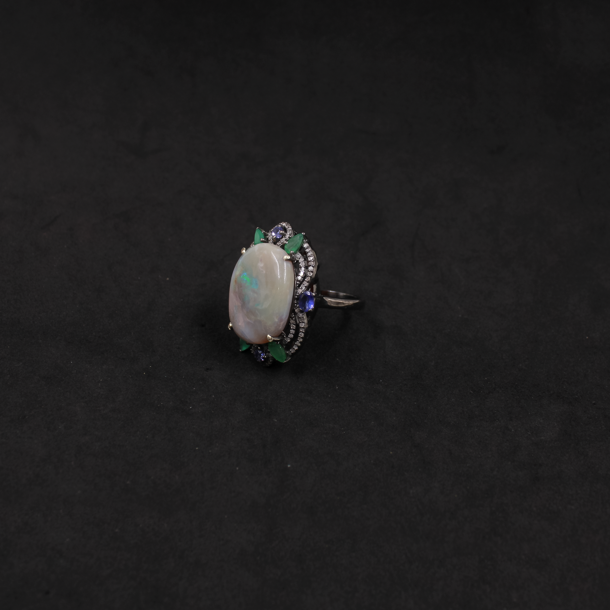 Luxury Australian Opal, Emerald & Kyanite Ring With Pave Diamonds In 925 Sterling Silver
