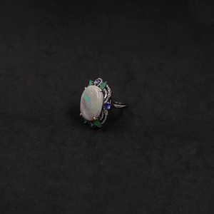 Luxury Australian Opal, Emerald & Kyanite Ring With Pave Diamonds In 925 Sterling Silver