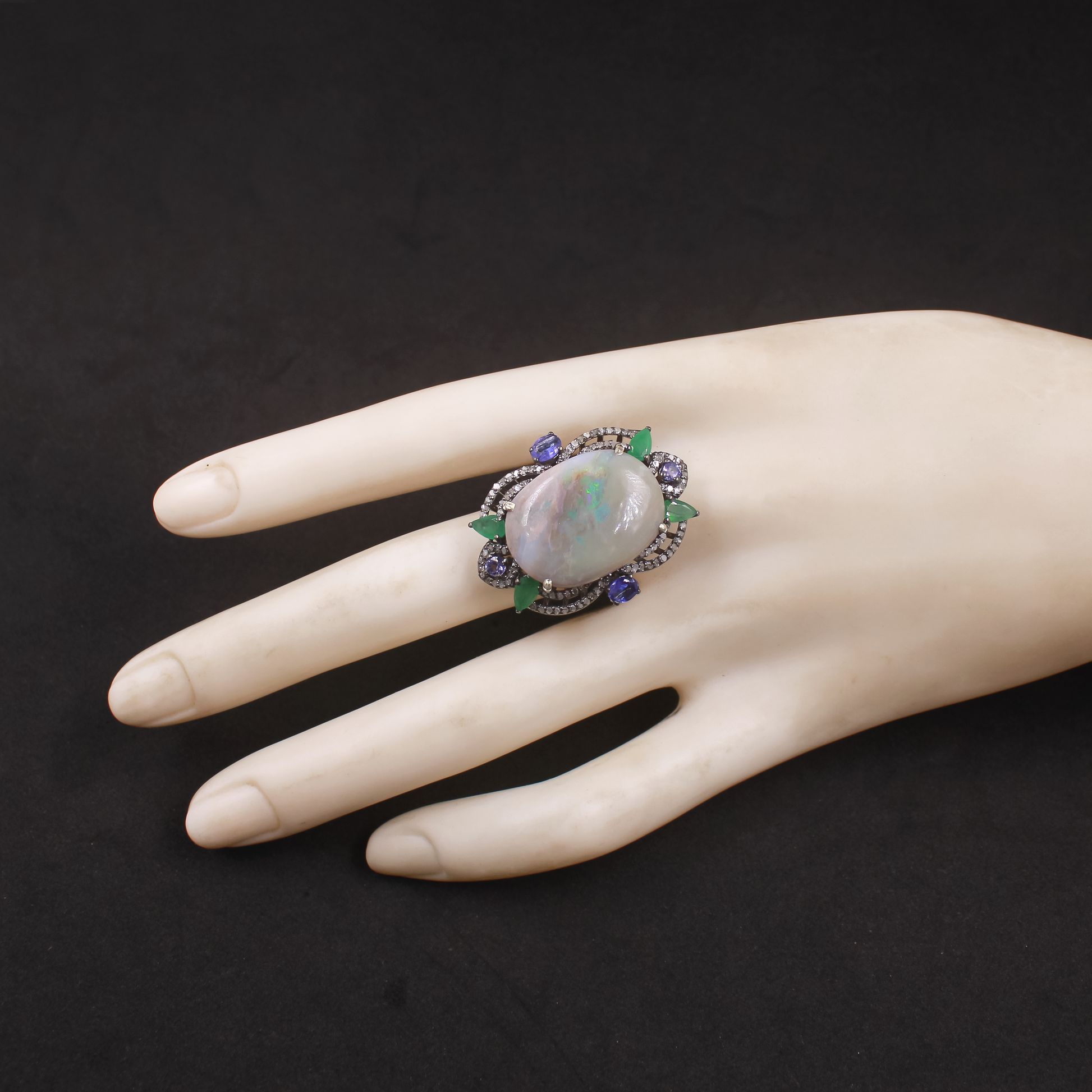 Luxury Australian Opal, Emerald & Kyanite Ring With Pave Diamonds In 925 Sterling Silver