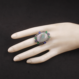 Luxury Australian Opal, Emerald & Kyanite Ring With Pave Diamonds In 925 Sterling Silver