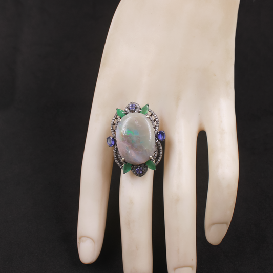 Luxury Australian Opal, Emerald & Kyanite Ring With Pave Diamonds In 925 Sterling Silver