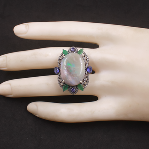 Luxury Australian Opal, Emerald & Kyanite Ring With Pave Diamonds In 925 Sterling Silver