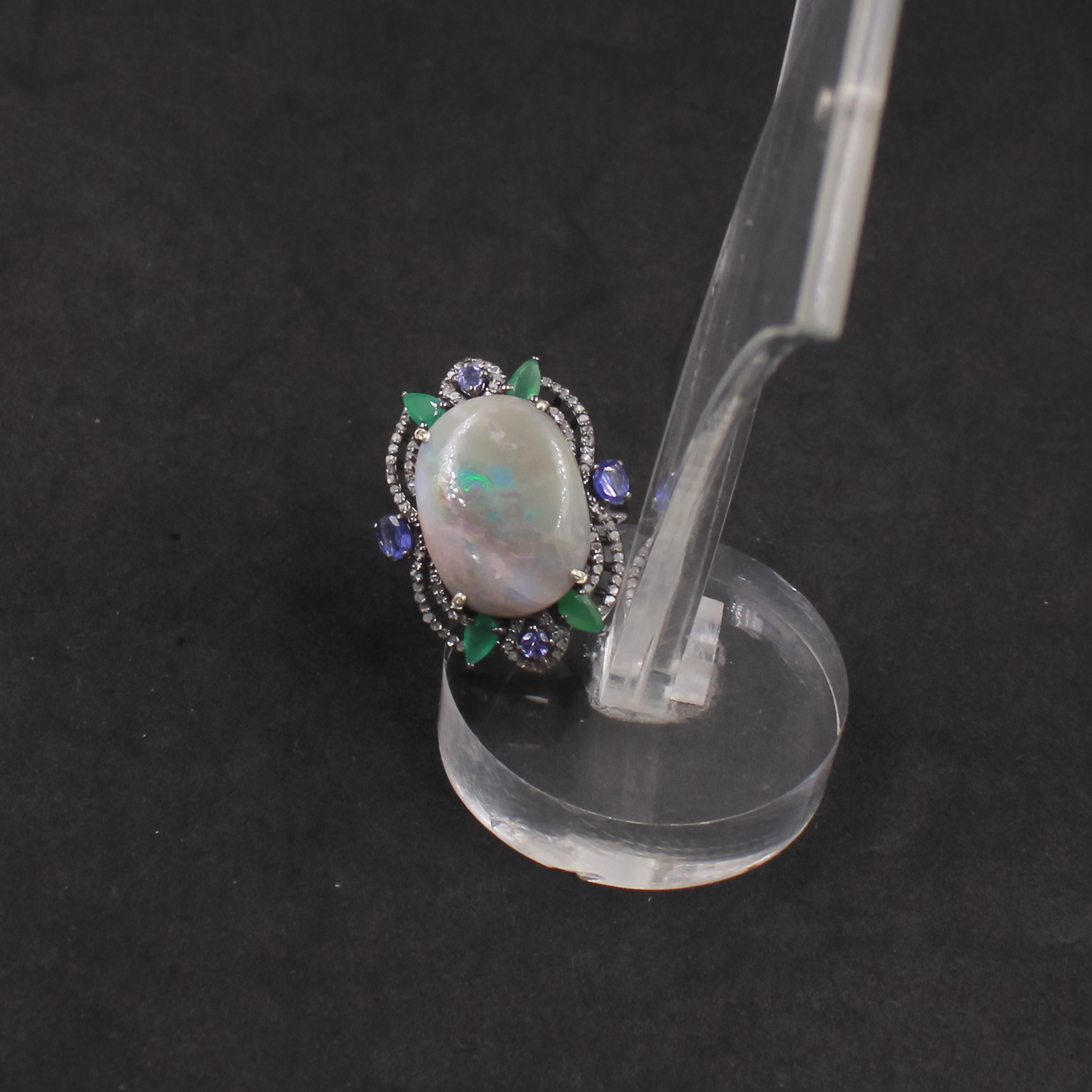 Luxury Australian Opal, Emerald & Kyanite Ring With Pave Diamonds In 925 Sterling Silver