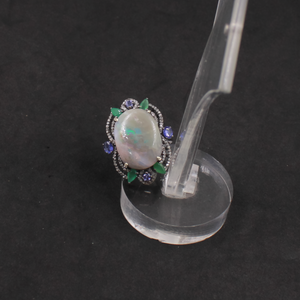 Luxury Australian Opal, Emerald & Kyanite Ring With Pave Diamonds In 925 Sterling Silver