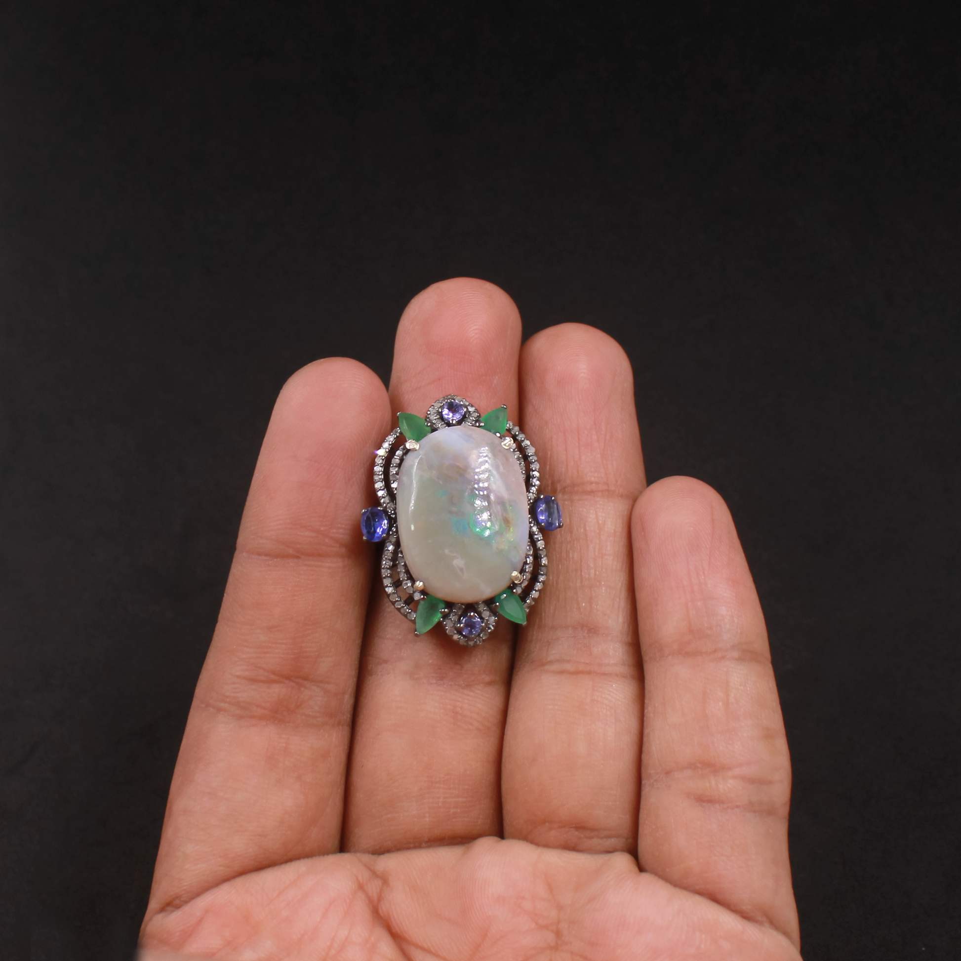 Luxury Australian Opal, Emerald & Kyanite Ring With Pave Diamonds In 925 Sterling Silver