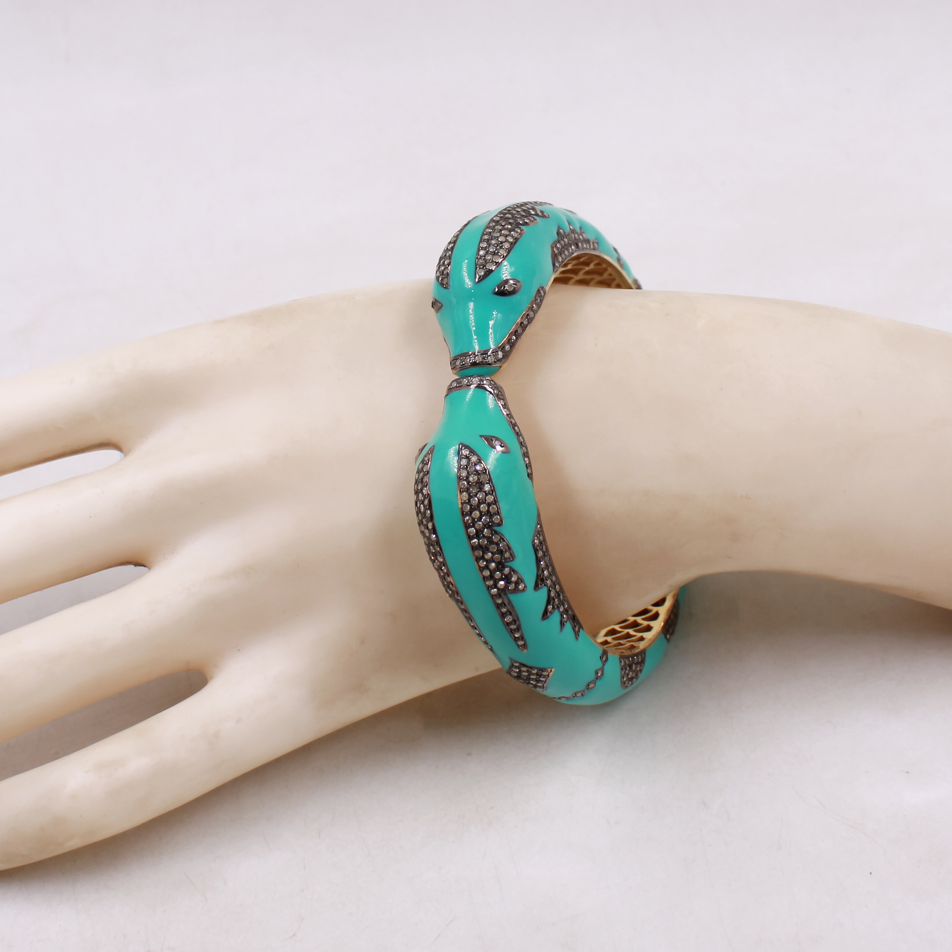 Dolphin jewelry bangle with pave set diamonds in 925 silver