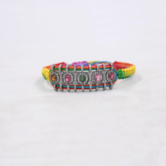 Natural multi tourmaline thread bracelet with pave diamonds in 925 sterling silver
