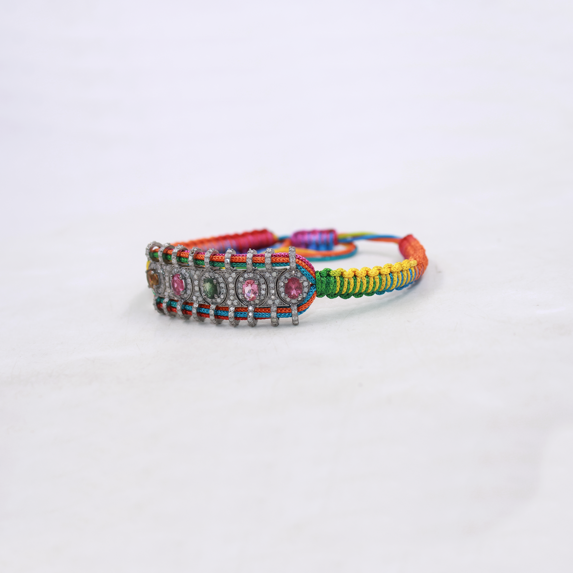 Handmade multi tourmaline and diamond bracelet with colorful thread band