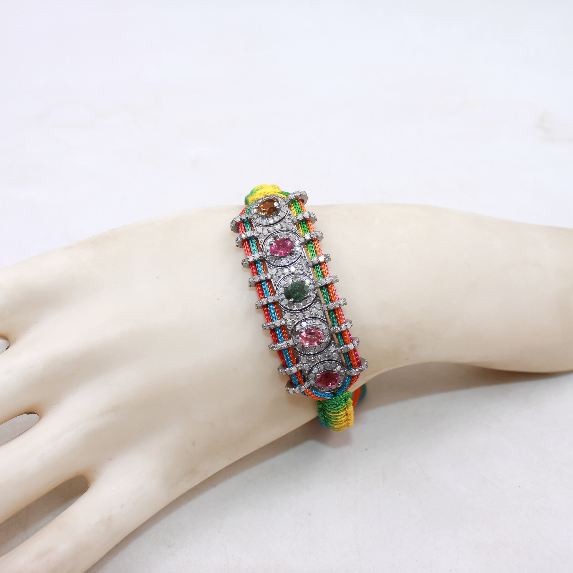 Rainbow thread bracelet with natural tourmaline stones and pave diamonds