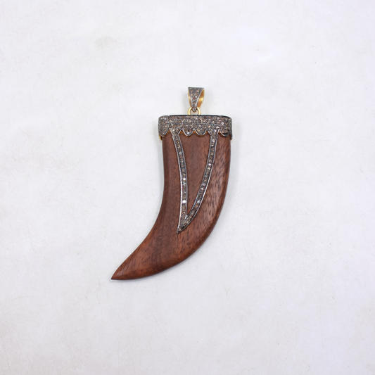 Wooden Tiger Tooth Pendant With Pave Diamonds – Gold Plated 925 Sterling Silver Handmade Statement Jewelry