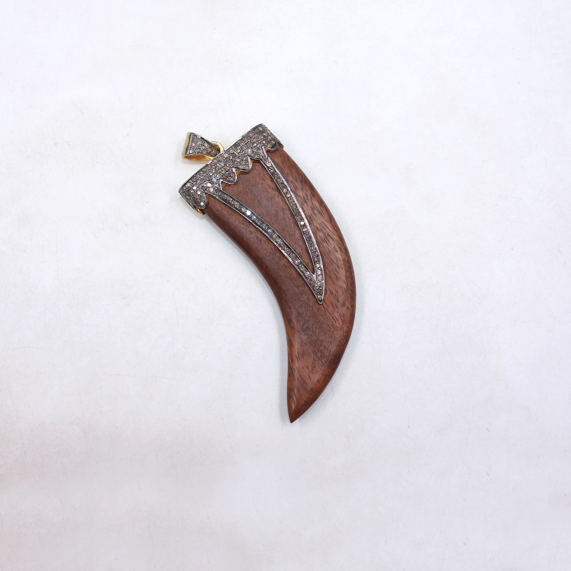 Wooden Tiger Tooth Pendant With Pave Diamonds – Gold Plated 925 Sterling Silver Handmade Statement Jewelry