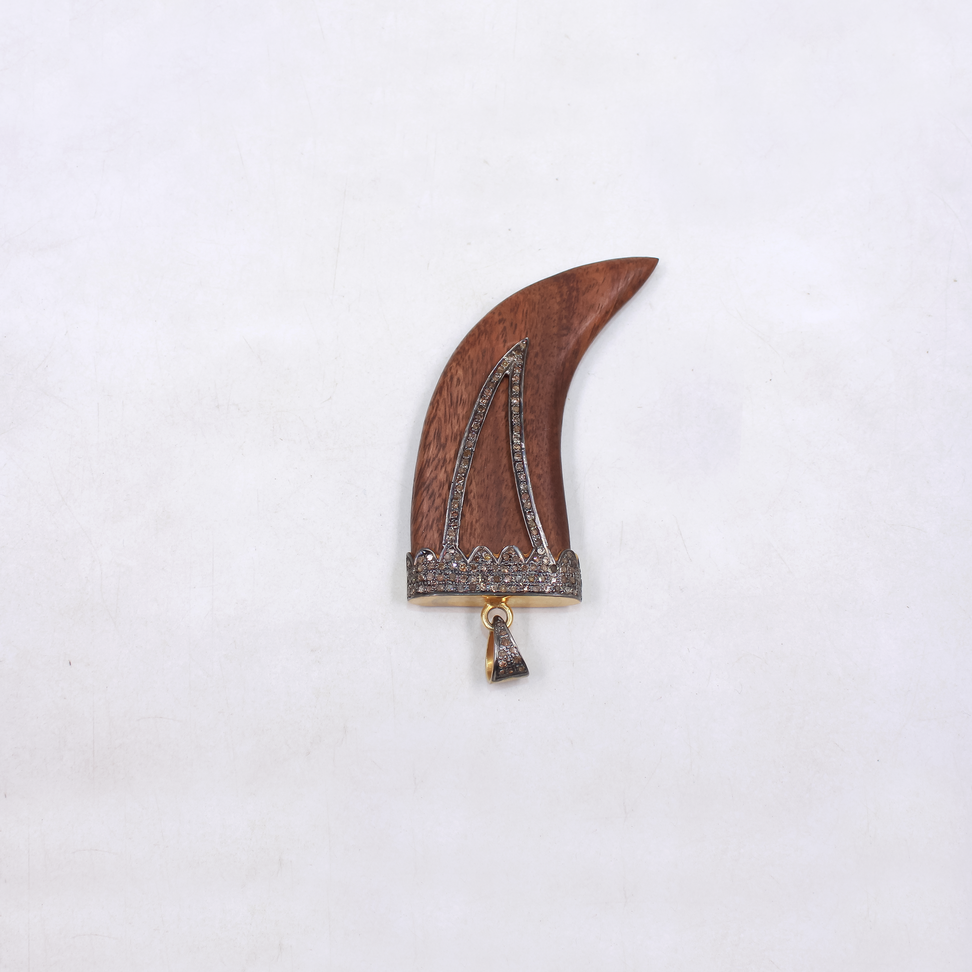 Wooden Tiger Tooth Pendant With Pave Diamonds – Gold Plated 925 Sterling Silver Handmade Statement Jewelry