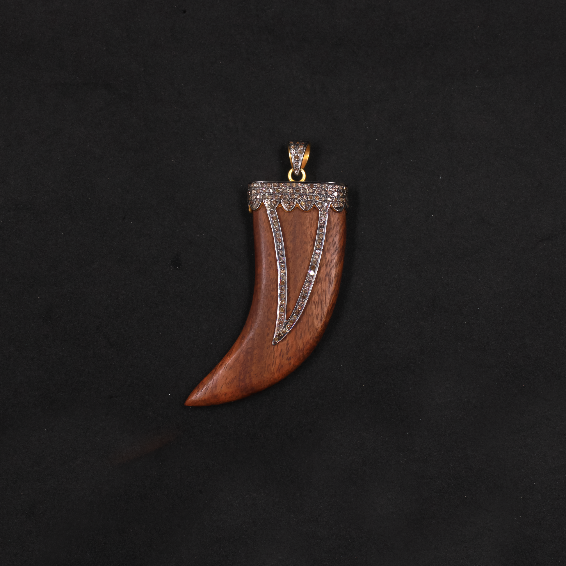 Wooden Tiger Tooth Pendant With Pave Diamonds – Gold Plated 925 Sterling Silver Handmade Statement Jewelry
