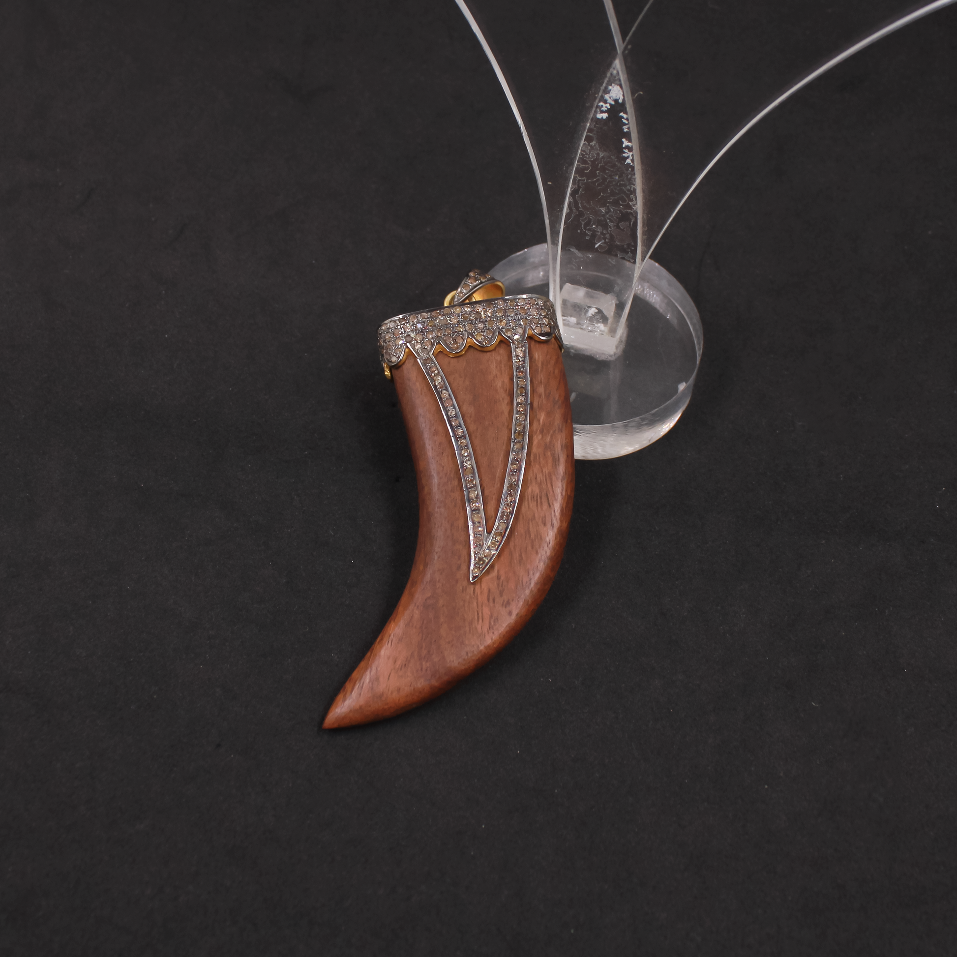 Wooden Tiger Tooth Pendant With Pave Diamonds – Gold Plated 925 Sterling Silver Handmade Statement Jewelry
