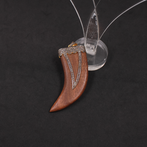Wooden Tiger Tooth Pendant With Pave Diamonds – Gold Plated 925 Sterling Silver Handmade Statement Jewelry