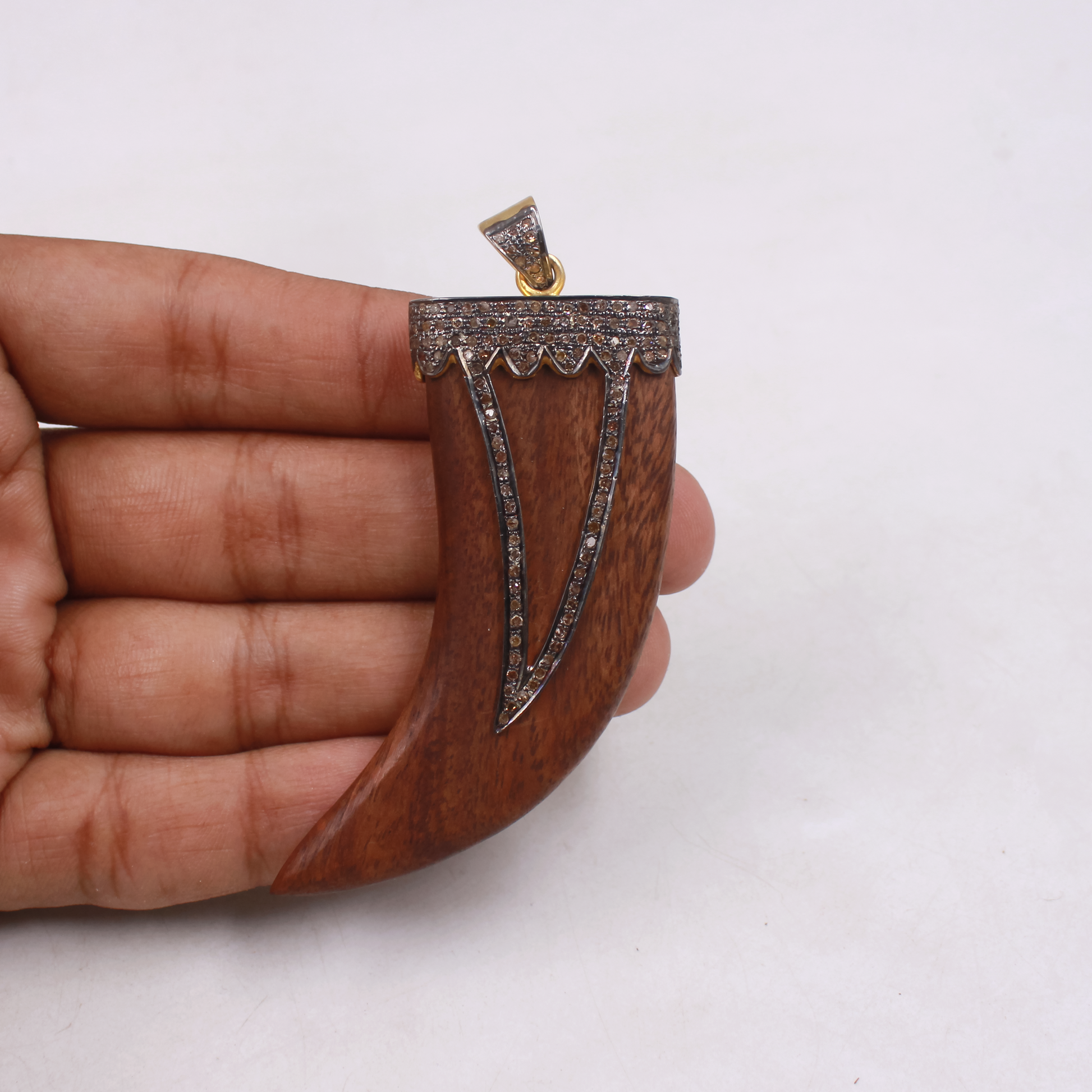 Wooden Tiger Tooth Pendant With Pave Diamonds – Gold Plated 925 Sterling Silver Handmade Statement Jewelry