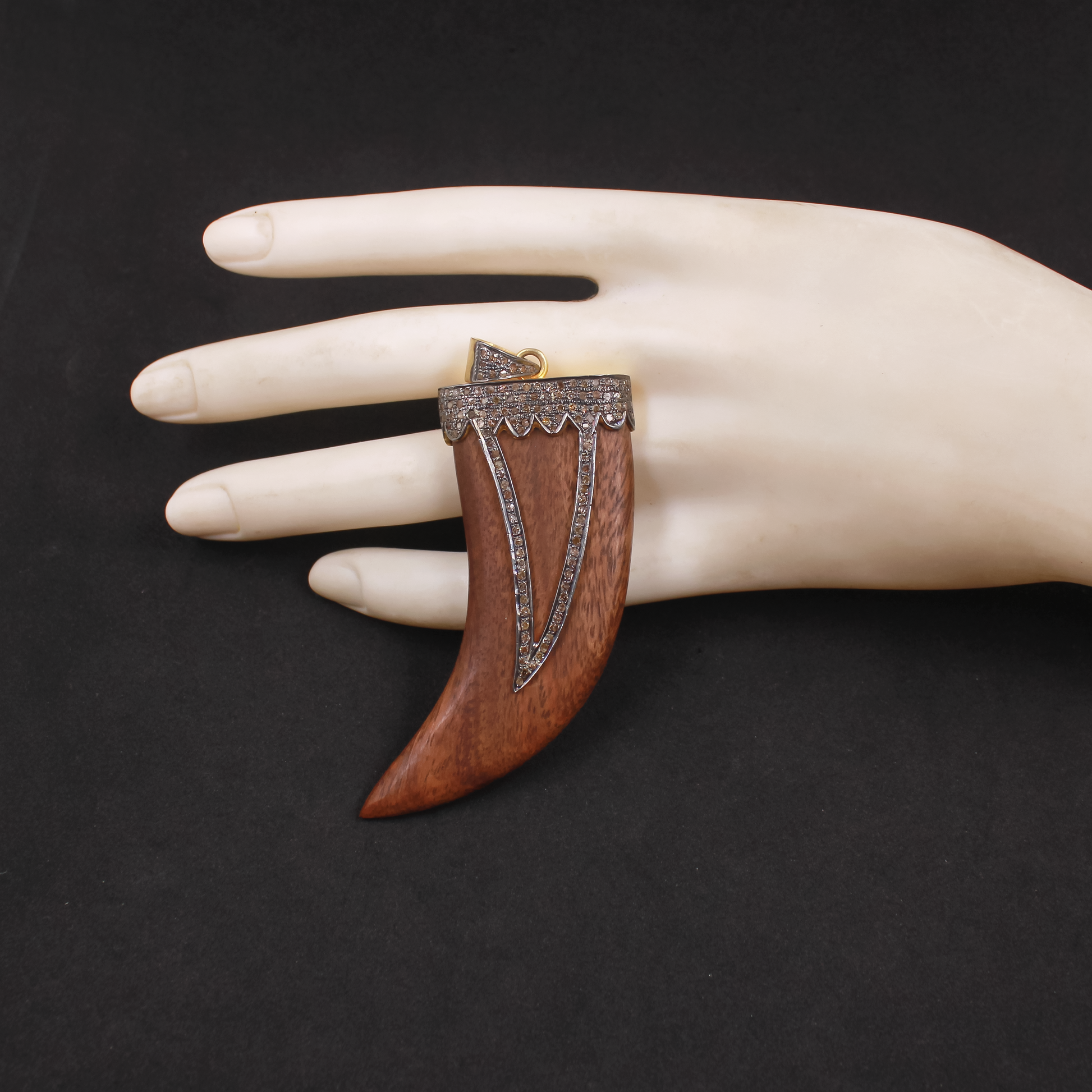 Wooden Tiger Tooth Pendant With Pave Diamonds – Gold Plated 925 Sterling Silver Handmade Statement Jewelry