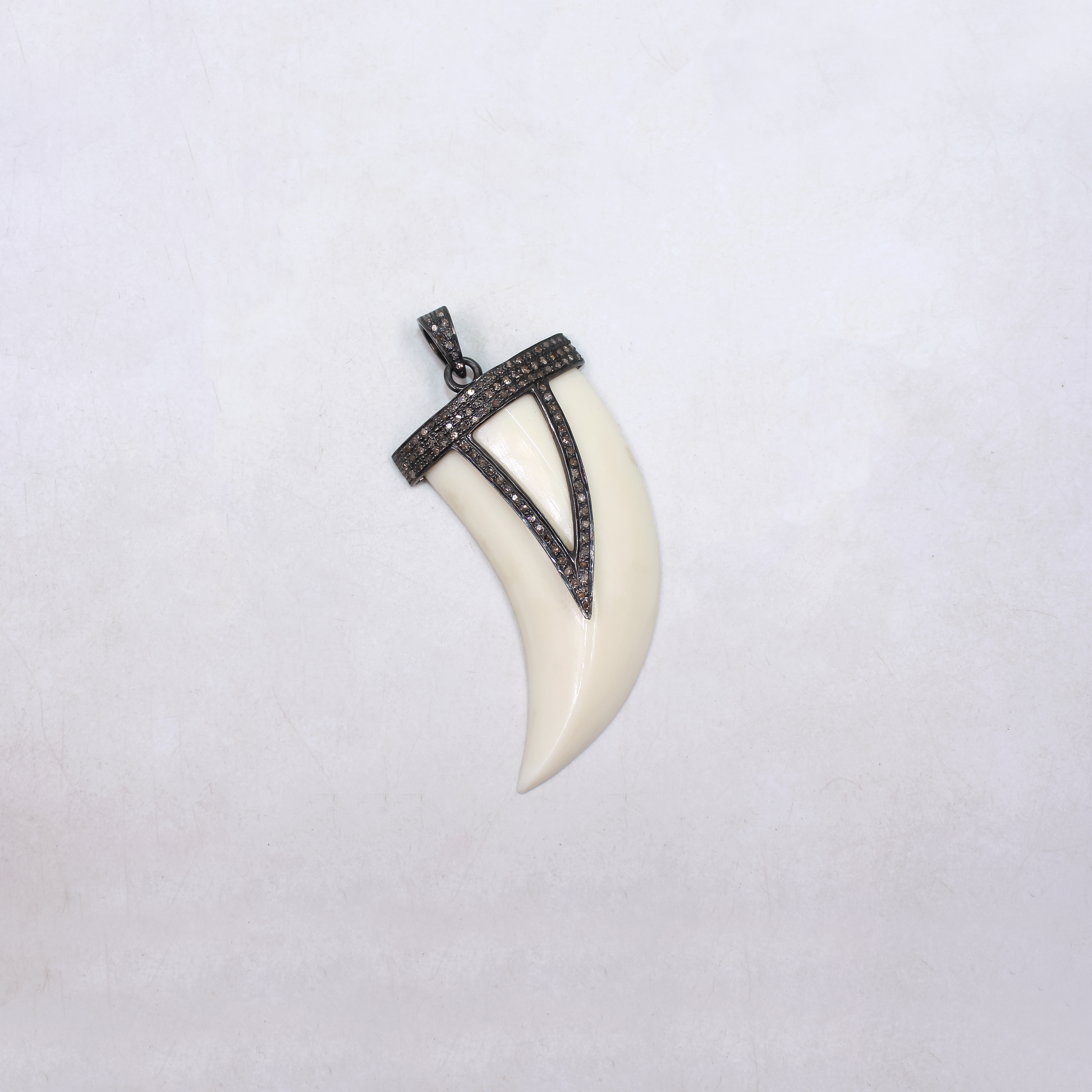Beautiful White Bakelite Tiger Tooth Pendant With Pave Diamonds in 925 Sterling Silver, Handmade Finish Pendant For Everyday Wear