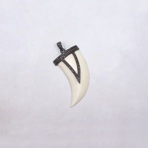 Beautiful White Bakelite Tiger Tooth Pendant With Pave Diamonds in 925 Sterling Silver, Handmade Finish Pendant For Everyday Wear