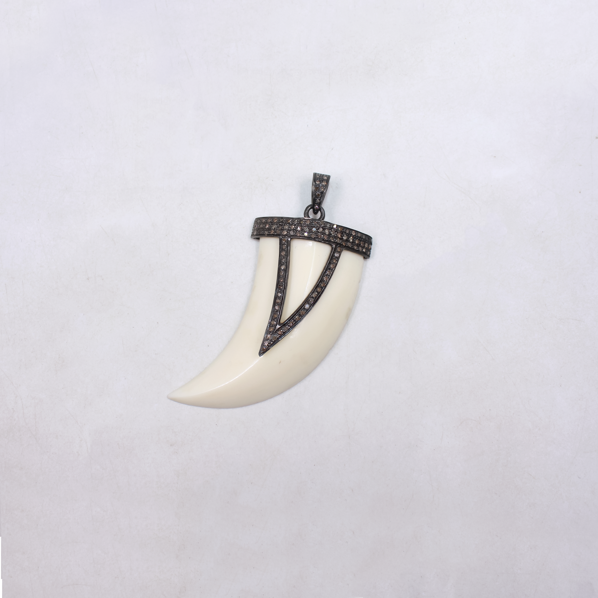 Beautiful White Bakelite Tiger Tooth Pendant With Pave Diamonds in 925 Sterling Silver, Handmade Finish Pendant For Everyday Wear