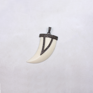 Beautiful White Bakelite Tiger Tooth Pendant With Pave Diamonds in 925 Sterling Silver, Handmade Finish Pendant For Everyday Wear