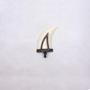 Beautiful White Bakelite Tiger Tooth Pendant With Pave Diamonds in 925 Sterling Silver, Handmade Finish Pendant For Everyday Wear