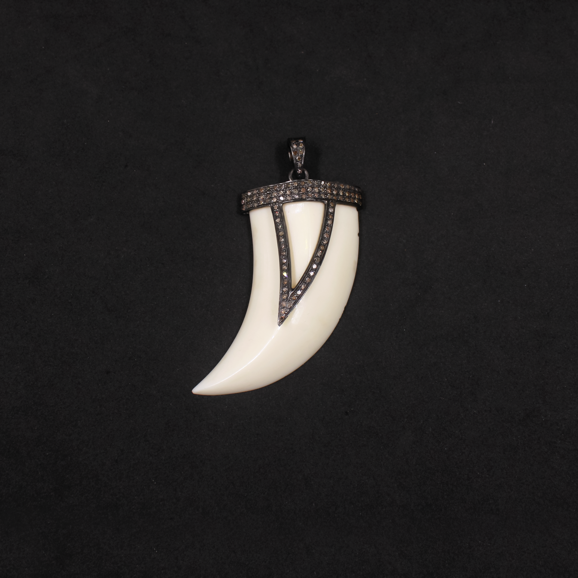 Beautiful White Bakelite Tiger Tooth Pendant With Pave Diamonds in 925 Sterling Silver, Handmade Finish Pendant For Everyday Wear