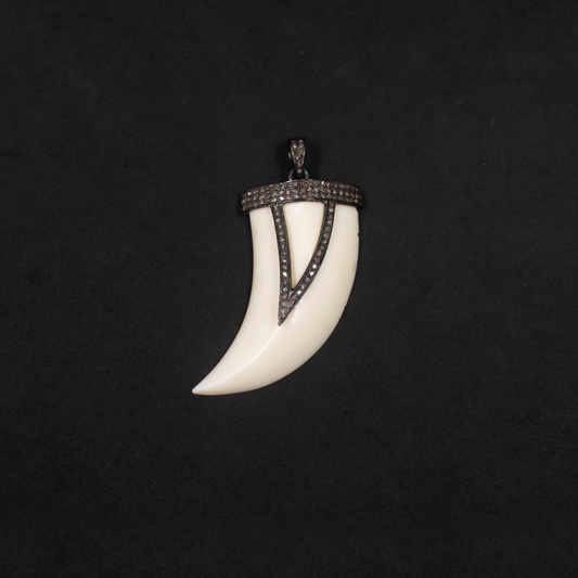 Beautiful White Bakelite Tiger Tooth Pendant With Pave Diamonds in 925 Sterling Silver, Handmade Finish Pendant For Everyday Wear