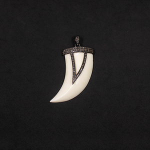 Beautiful White Bakelite Tiger Tooth Pendant With Pave Diamonds in 925 Sterling Silver, Handmade Finish Pendant For Everyday Wear