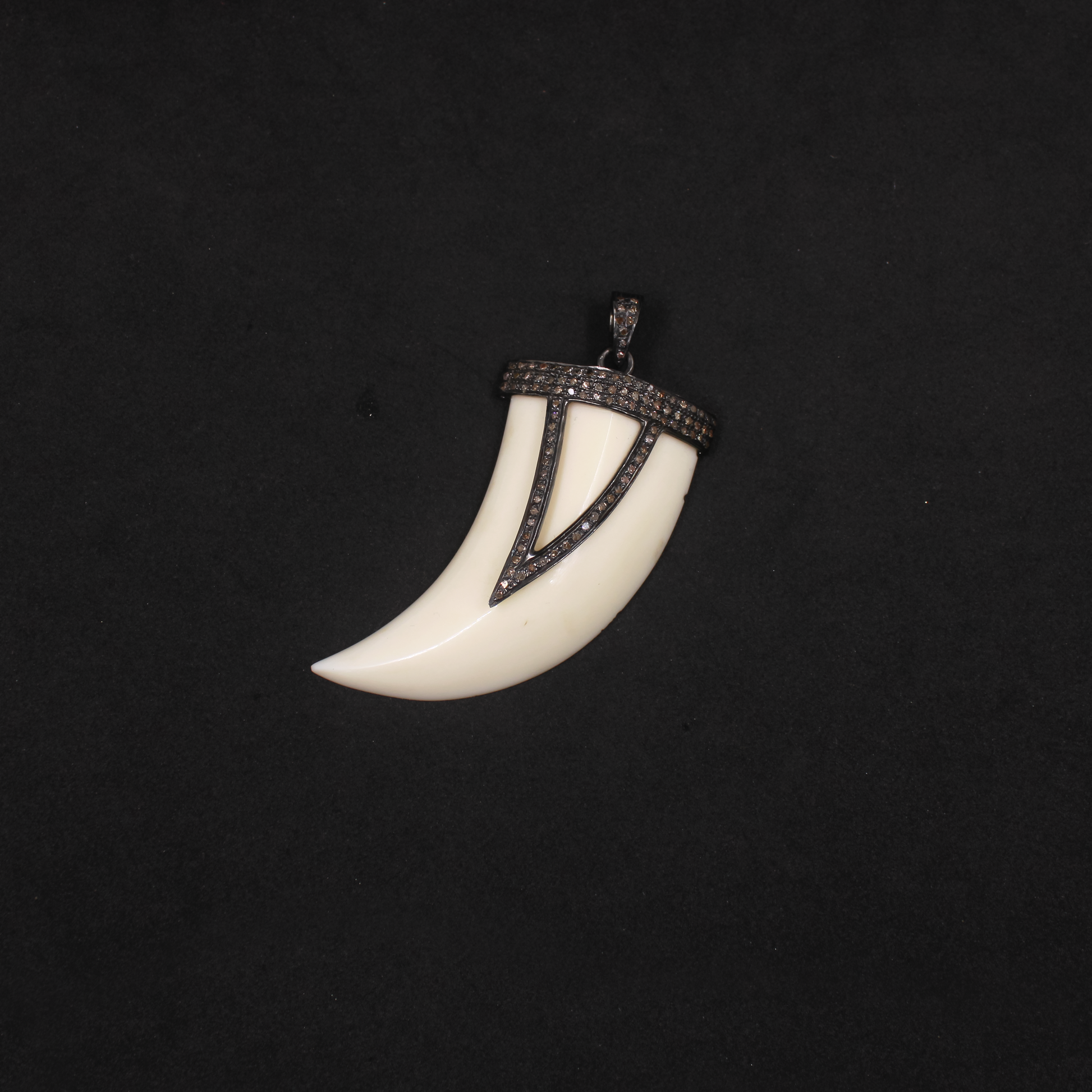 Beautiful White Bakelite Tiger Tooth Pendant With Pave Diamonds in 925 Sterling Silver, Handmade Finish Pendant For Everyday Wear