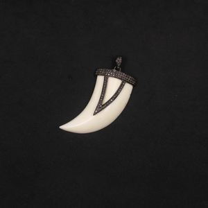 Beautiful White Bakelite Tiger Tooth Pendant With Pave Diamonds in 925 Sterling Silver, Handmade Finish Pendant For Everyday Wear