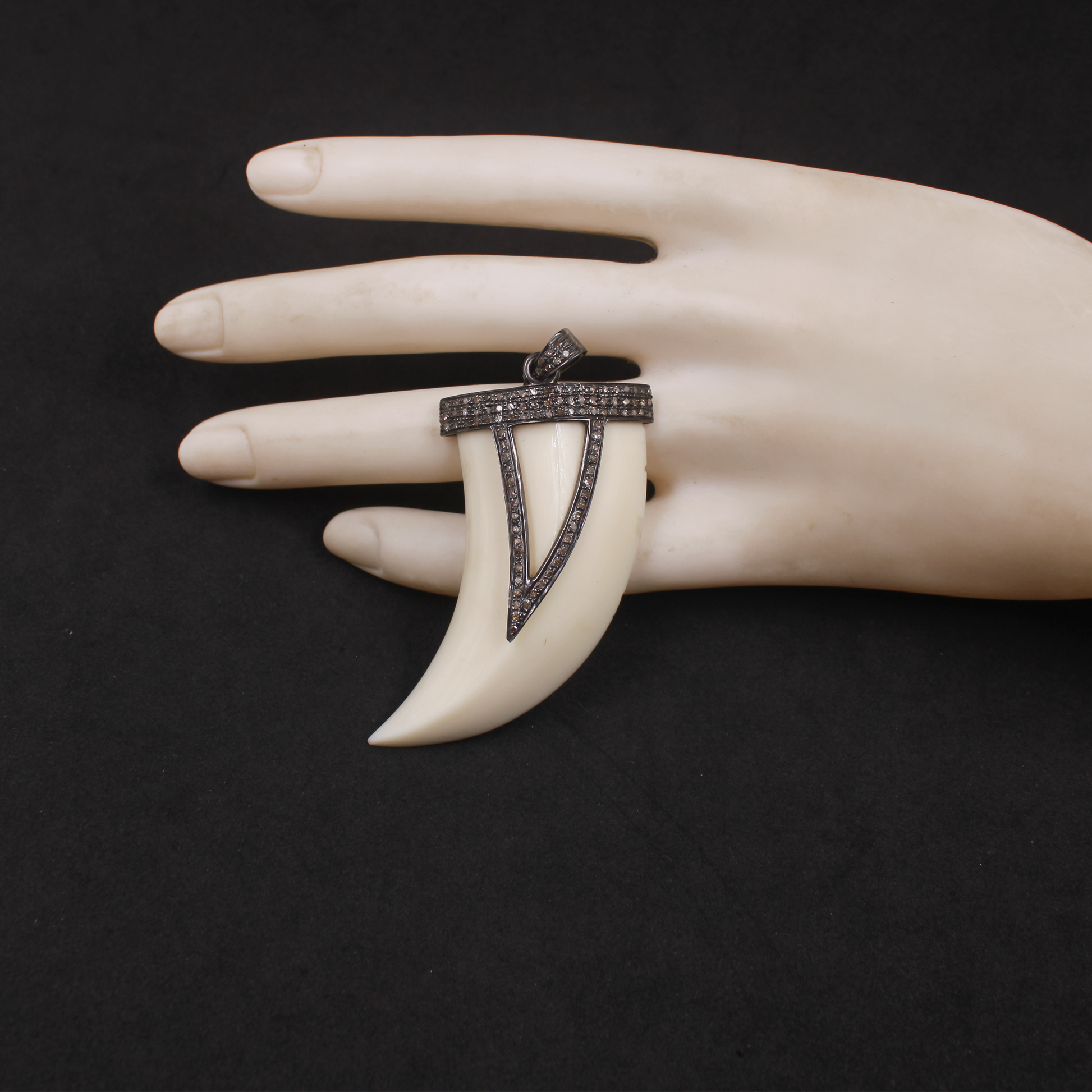 Beautiful White Bakelite Tiger Tooth Pendant With Pave Diamonds in 925 Sterling Silver, Handmade Finish Pendant For Everyday Wear