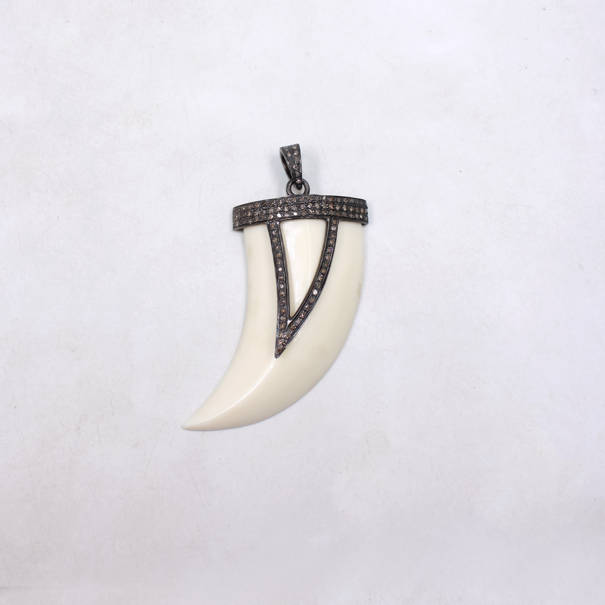 Beautiful White Bakelite Tiger Tooth Pendant With Pave Diamonds in 925 Sterling Silver, Handmade Finish Pendant For Everyday Wear