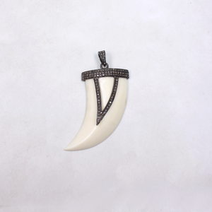 Beautiful White Bakelite Tiger Tooth Pendant With Pave Diamonds in 925 Sterling Silver, Handmade Finish Pendant For Everyday Wear