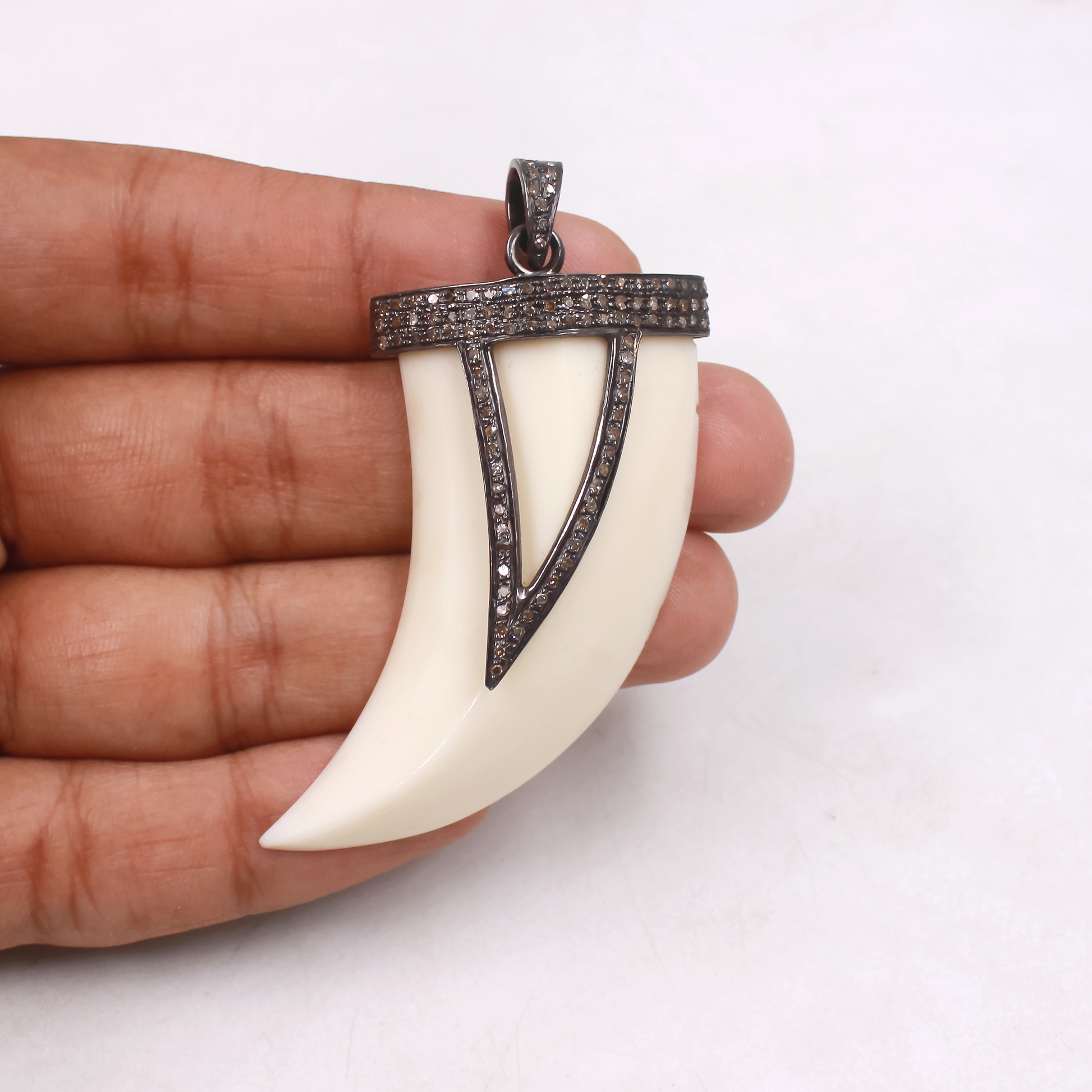 Beautiful White Bakelite Tiger Tooth Pendant With Pave Diamonds in 925 Sterling Silver, Handmade Finish Pendant For Everyday Wear