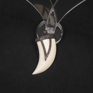 Beautiful White Bakelite Tiger Tooth Pendant With Pave Diamonds in 925 Sterling Silver, Handmade Finish Pendant For Everyday Wear