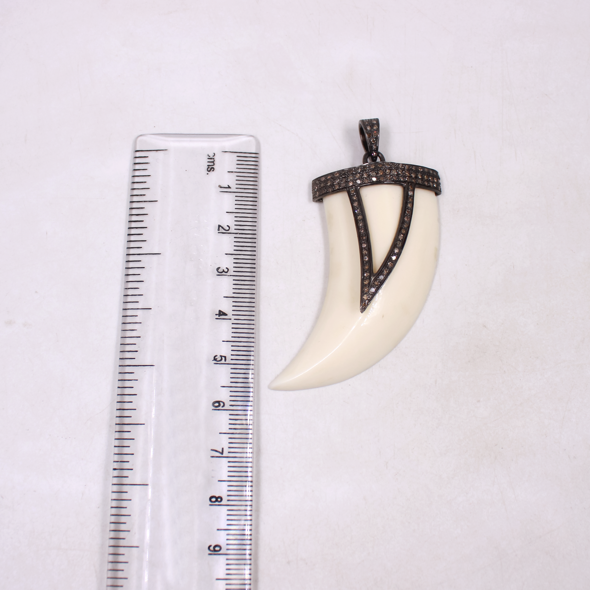 Beautiful White Bakelite Tiger Tooth Pendant With Pave Diamonds in 925 Sterling Silver, Handmade Finish Pendant For Everyday Wear
