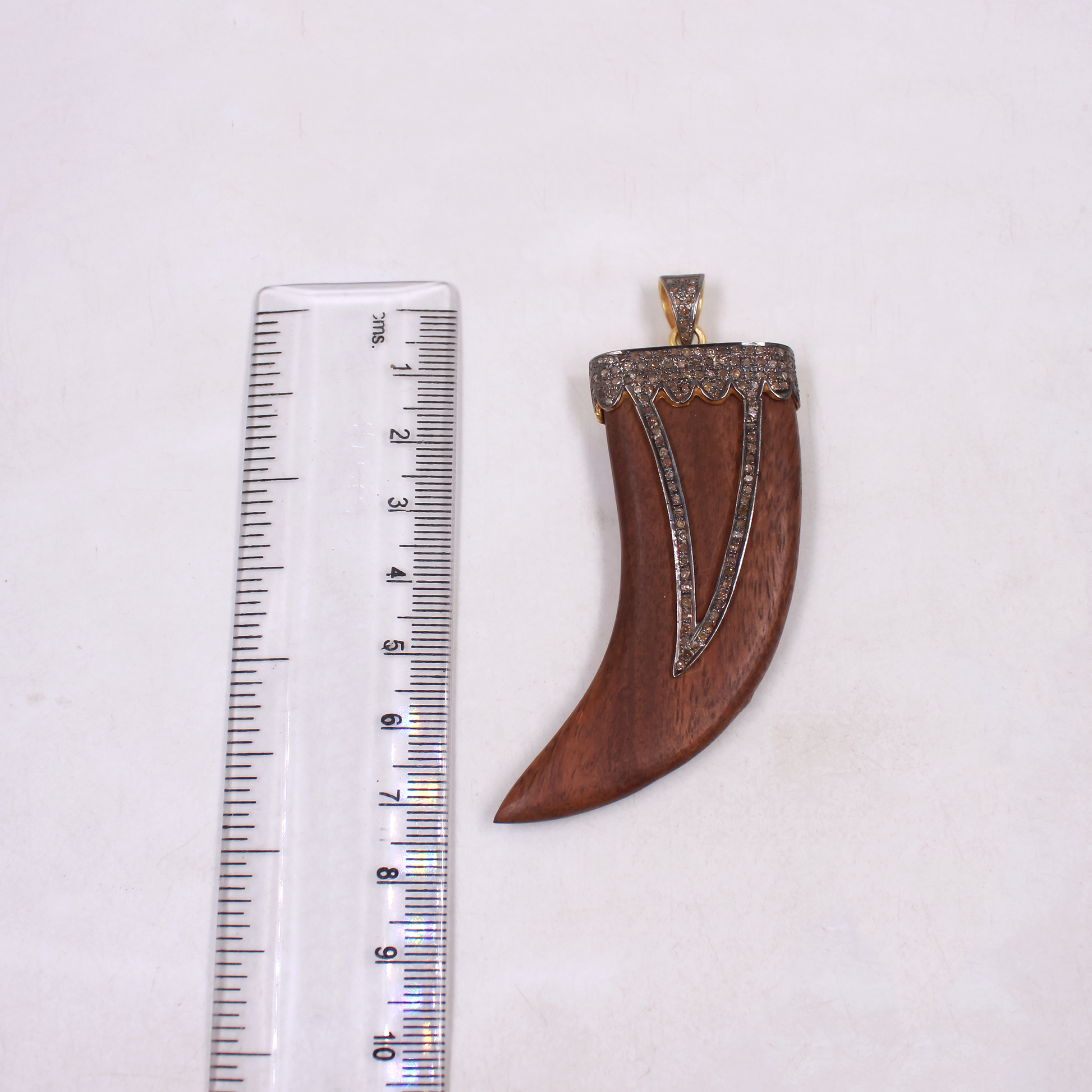 Wooden Tiger Tooth Pendant With Pave Diamonds – Gold Plated 925 Sterling Silver Handmade Statement Jewelry
