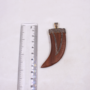 Wooden Tiger Tooth Pendant With Pave Diamonds – Gold Plated 925 Sterling Silver Handmade Statement Jewelry