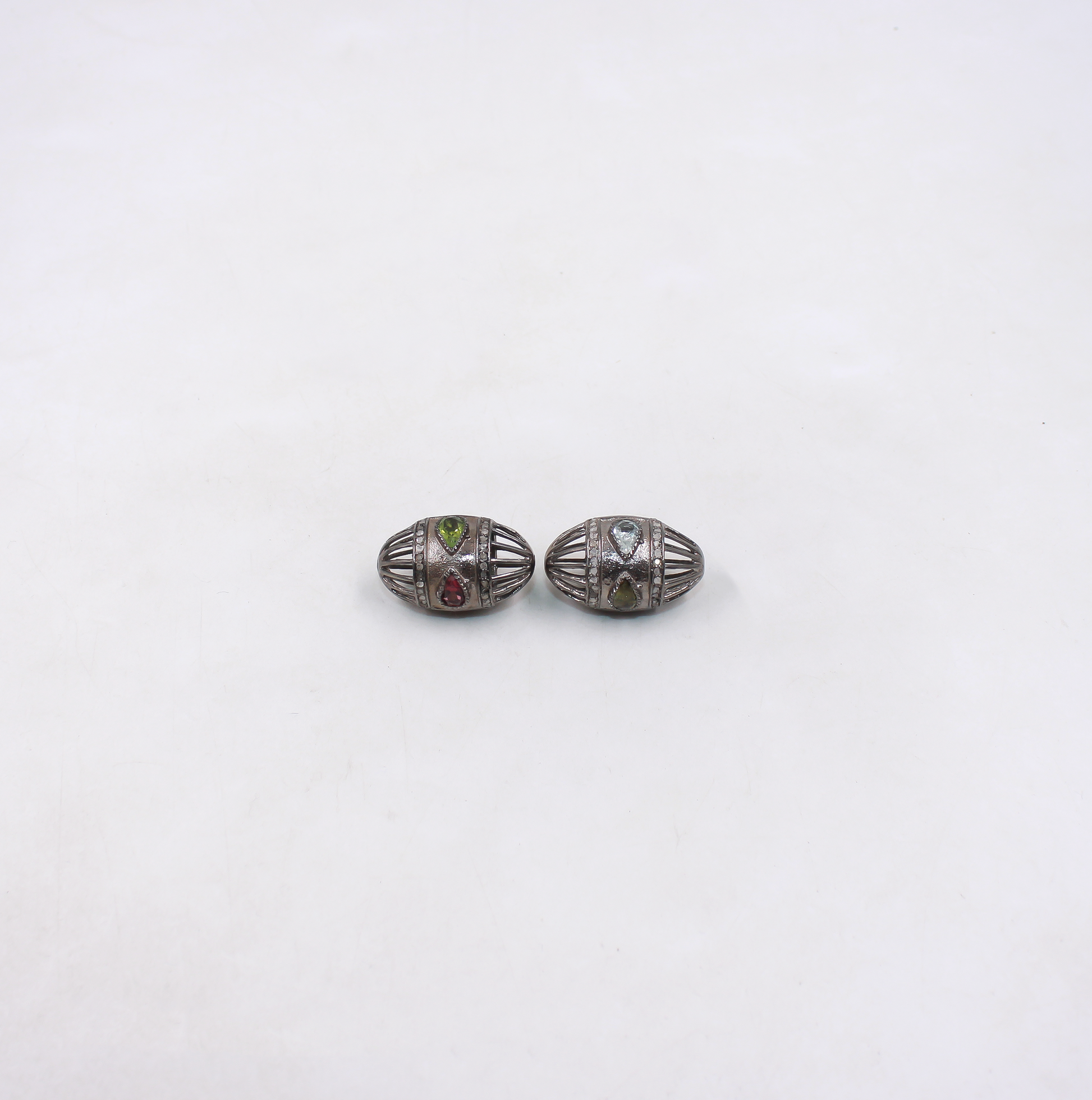 multi tourmaline pave diamond bead in unique oval cage design