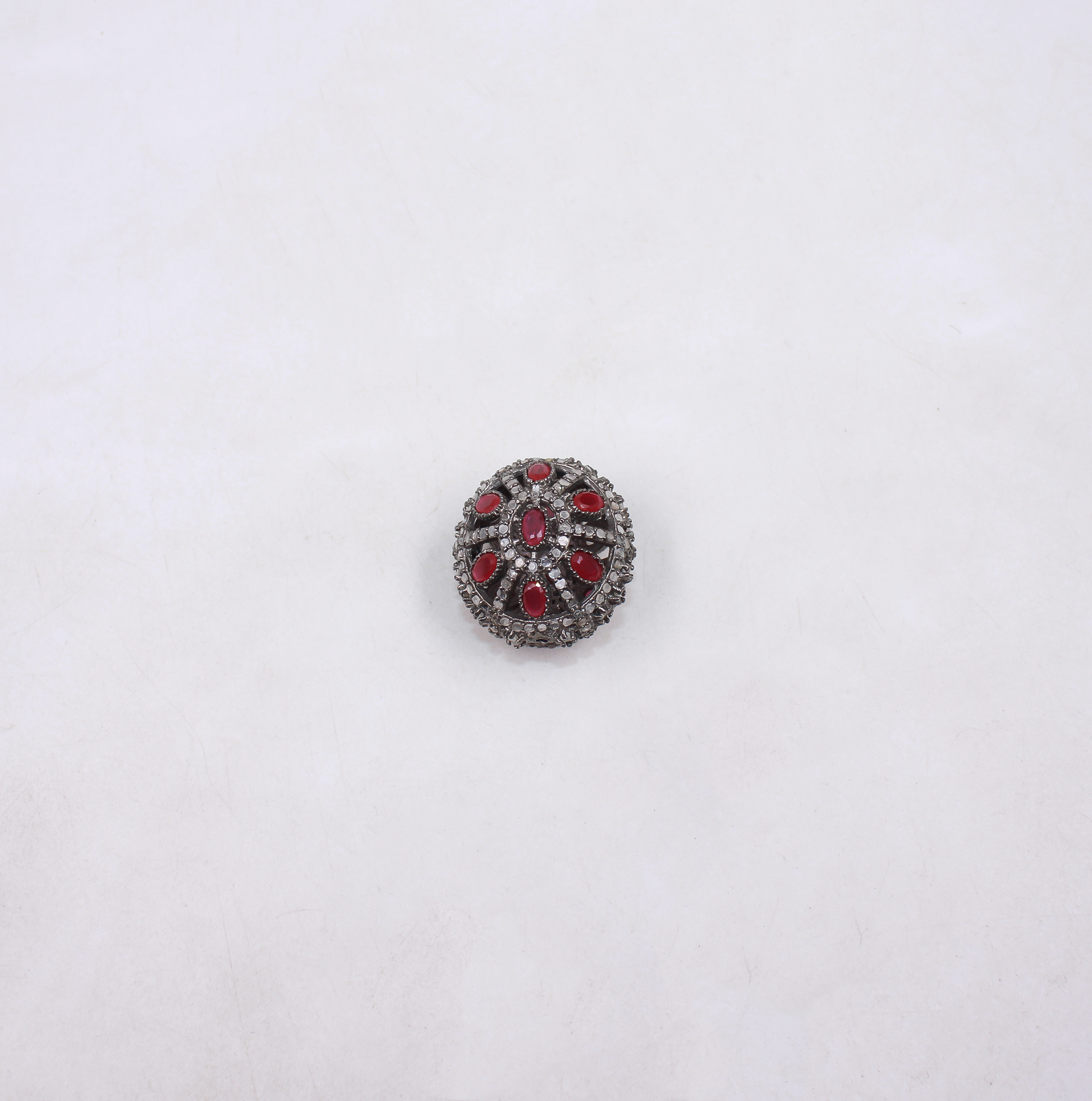 Unique handmade bead with red ruby  and rosecut diamonds