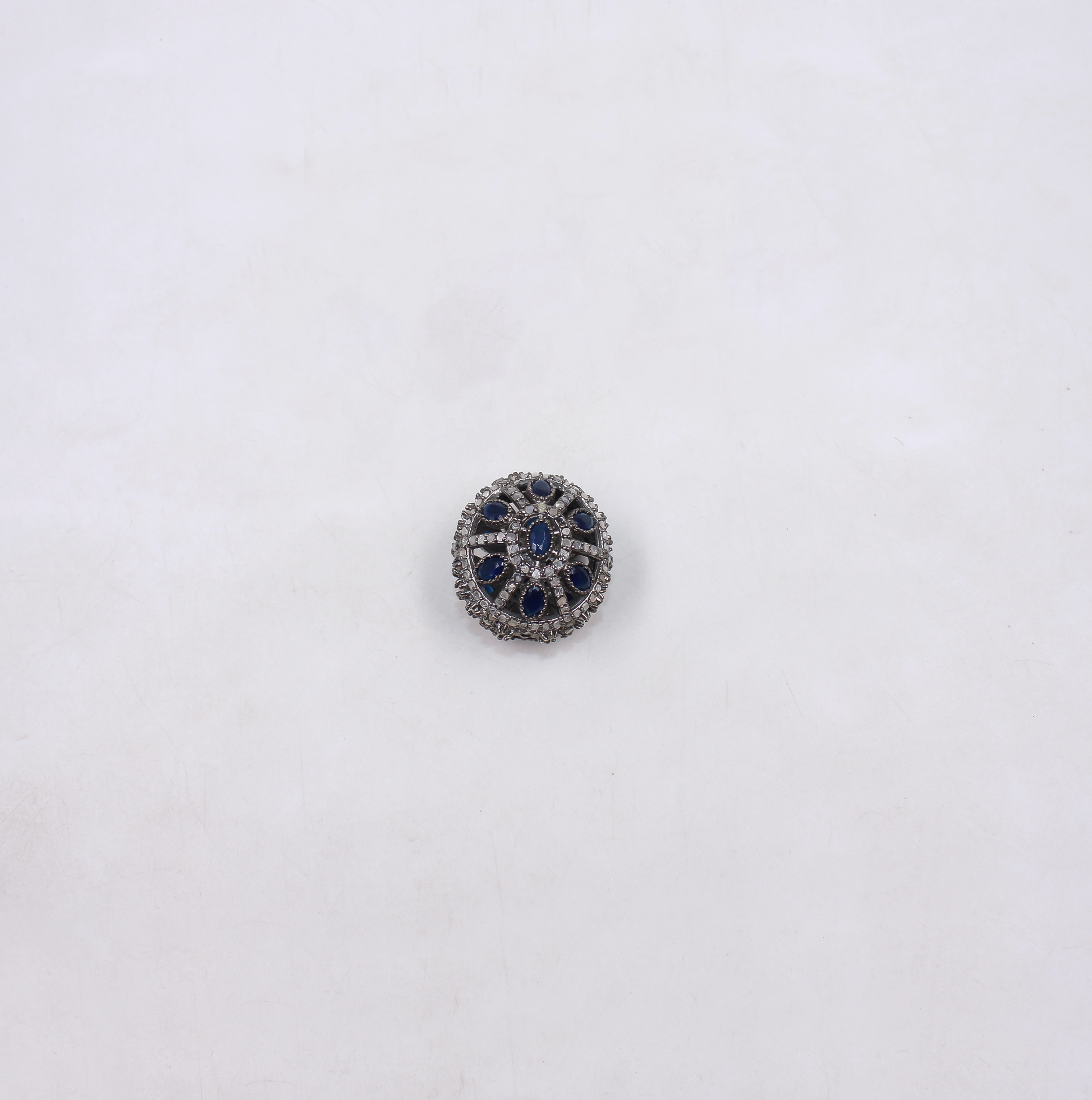 Blue Sapphire and diamond accent bead in sterling silver, handmade finish