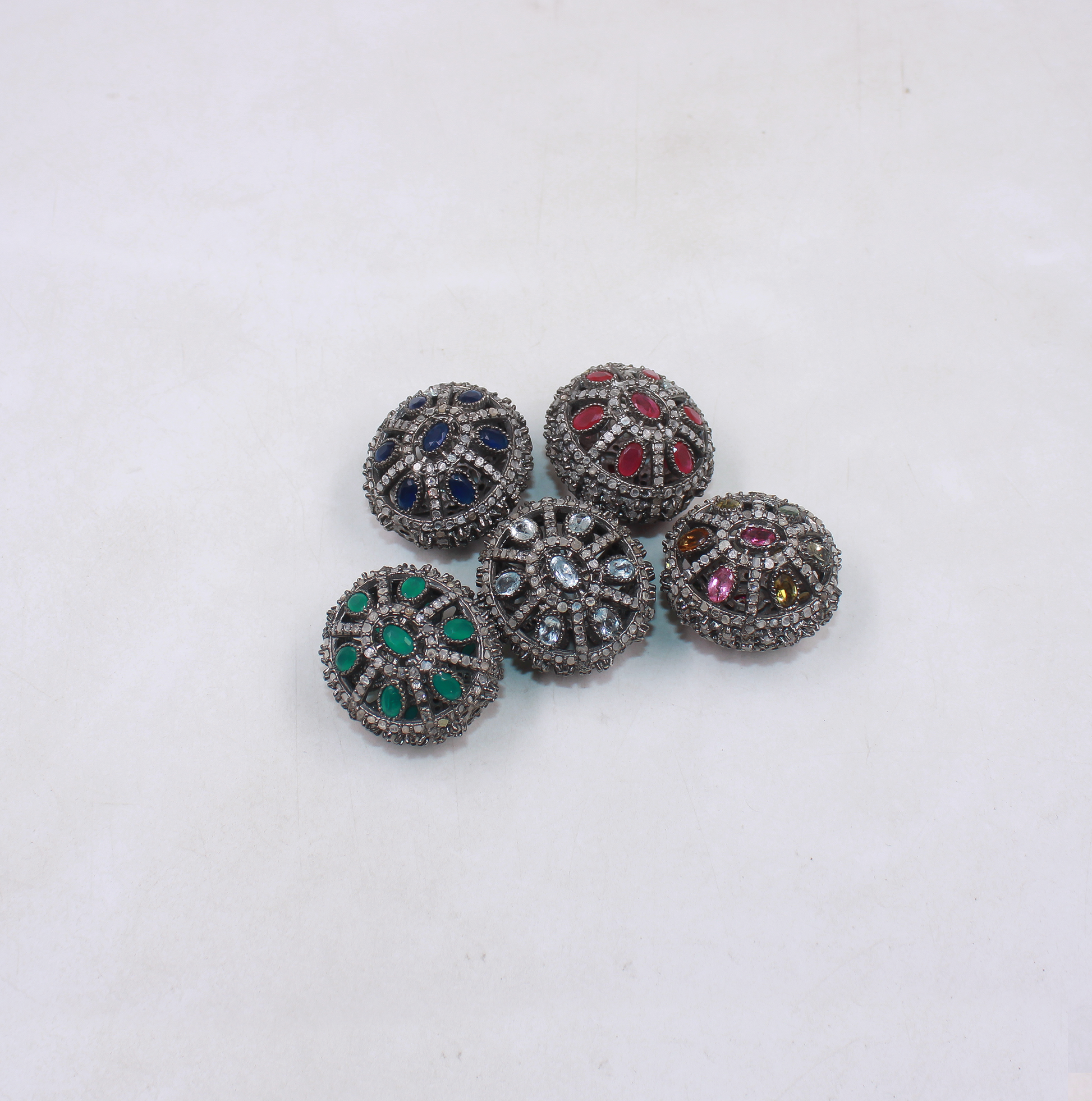 Round rosecut pave diamond bead with emerald accents in 925 sterling silver