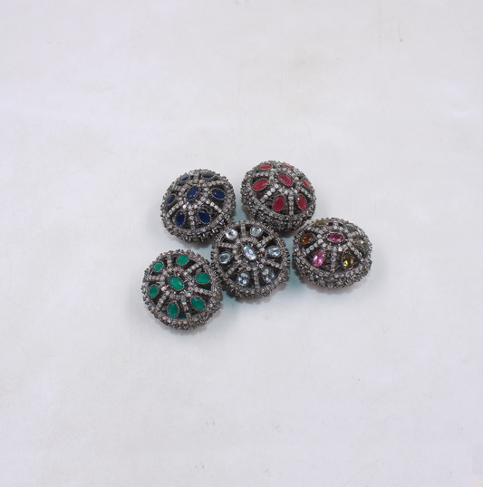 Round rosecut pave diamond bead with emerald accents in 925 sterling silver