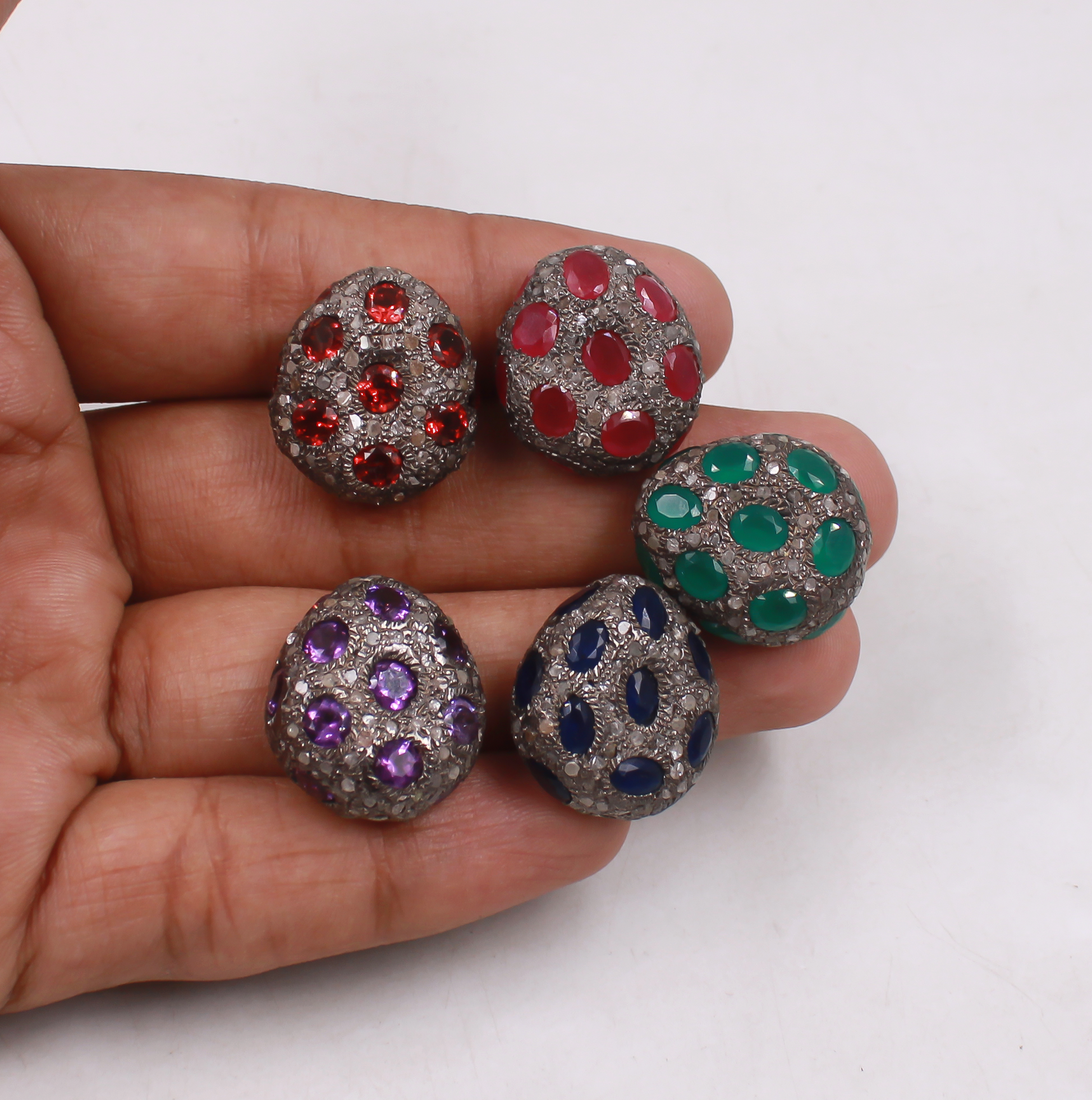 Round pave diamond bead with emerald gemstones in sterling silver